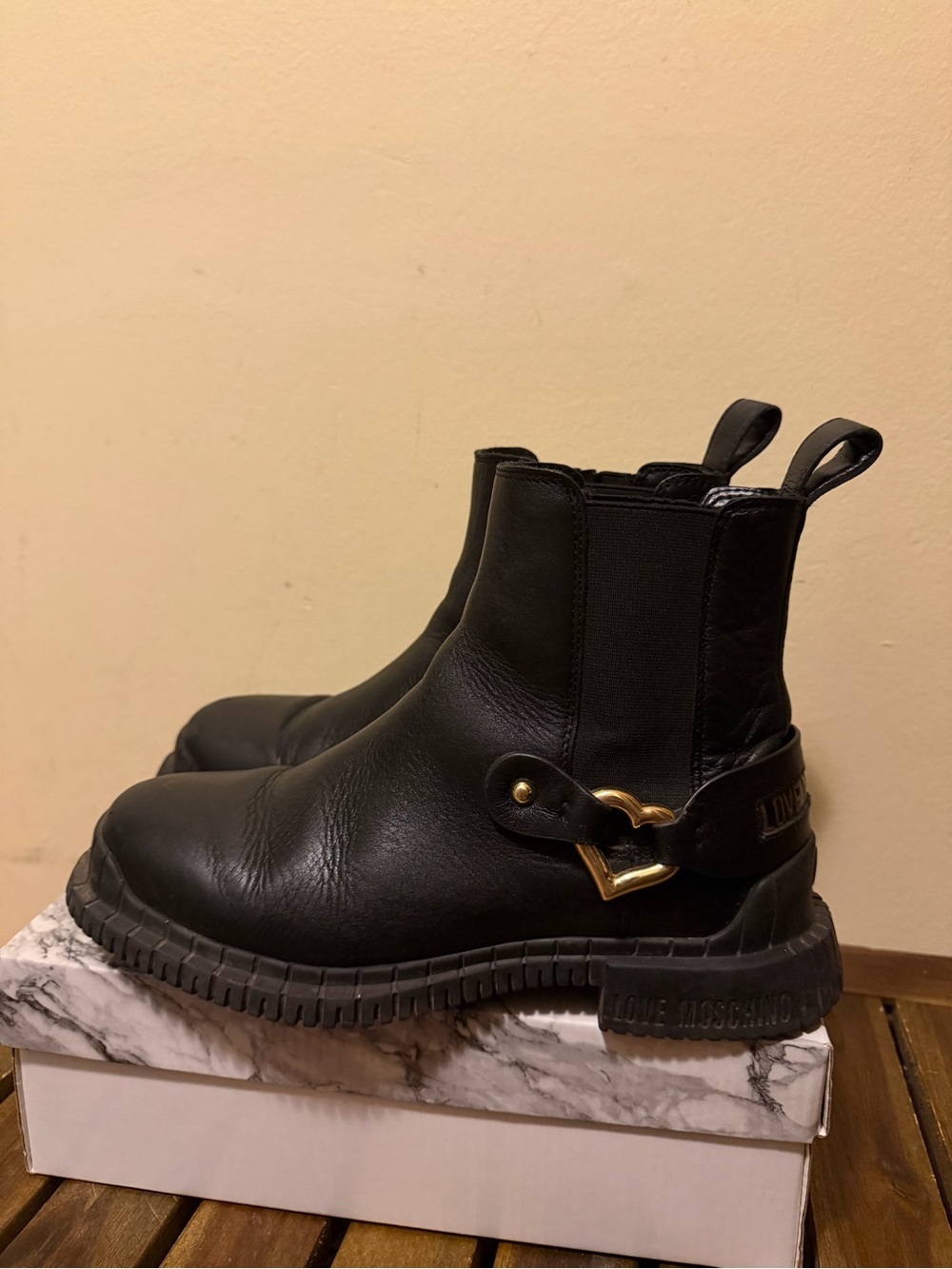 Love Moschino Black Chelsea Boots with Gold Heart Accent